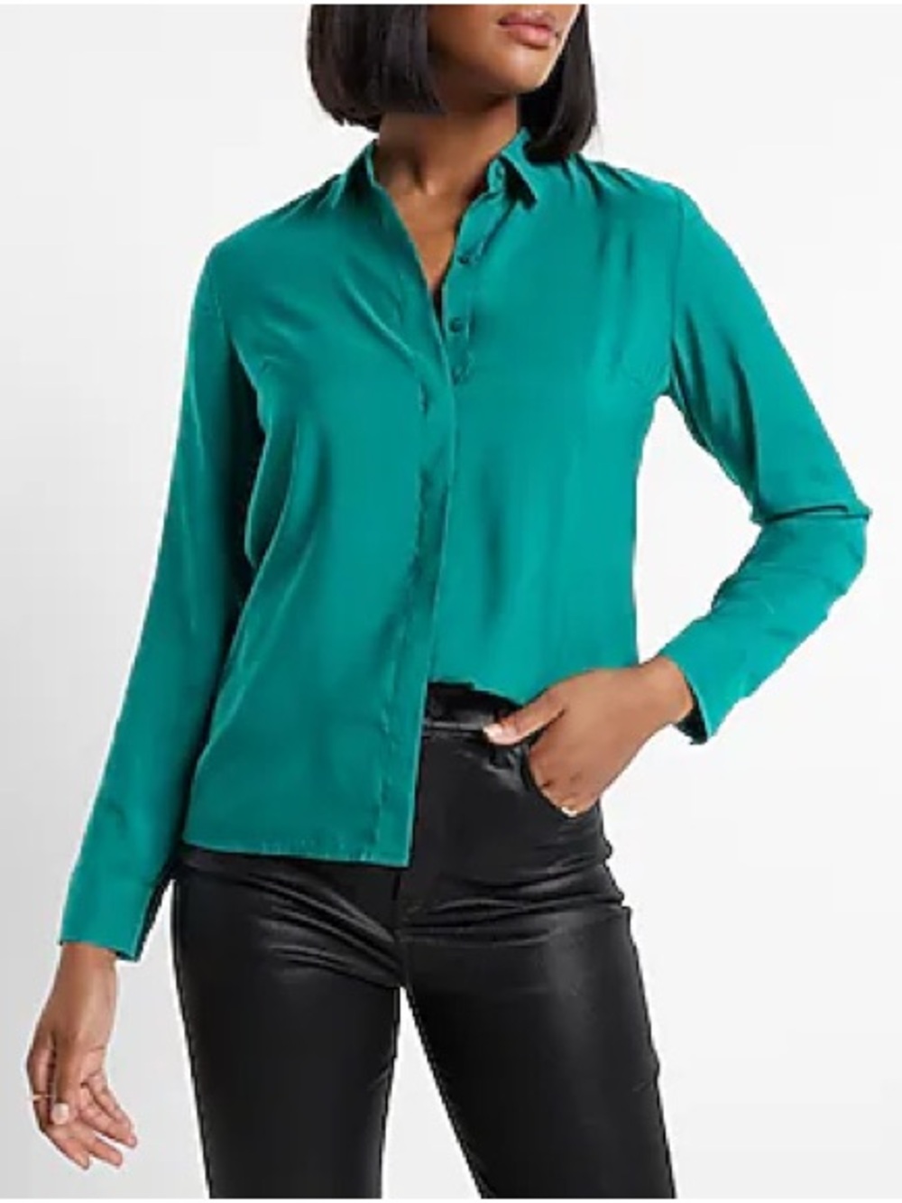 Express Green Satin Portofino Button-Front Long Sleeve Shirt - size small